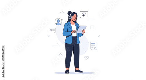 Customer Service Representative with Tablet and Headphones, Communication Icon