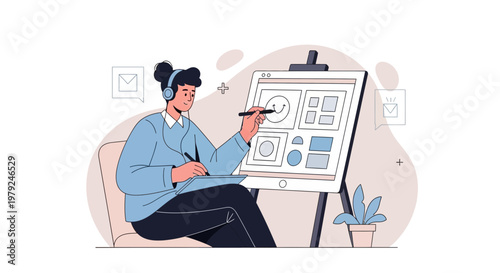 Designer creating wireframes on tablet, web design concept, illustration