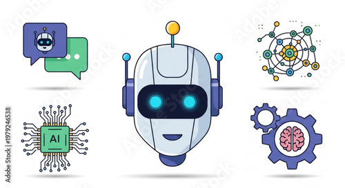 A vector graphic illustration of AI and robotics concepts, including a robot, chatbots, and brain gears.