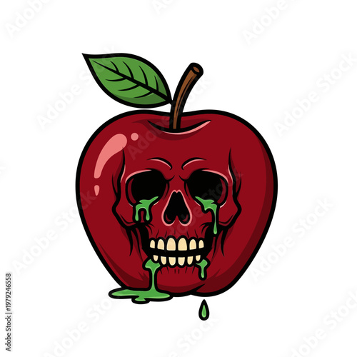 A spooky animated apple with a gruesome skull face oozing green liquid