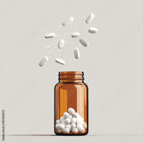 A clear display of an empty bottle with pills that appear to be cascading out, emphasizing health and wellness.