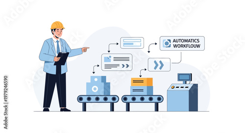 Engineer managing automated factory workflow with conveyor belts and boxes