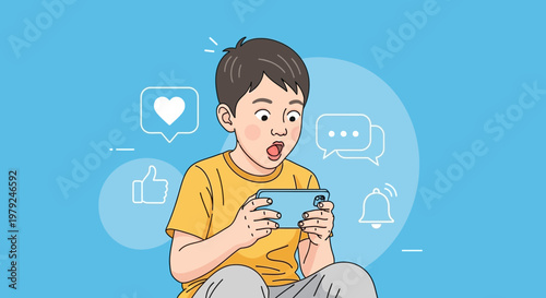 Excited Boy Playing Mobile Game with Social Media Icons