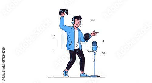 Gamer with Headphones and Controller Celebrates Victory Near Microphone