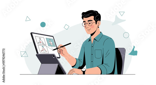 Graphic designer working on digital tablet with stylus, remote work concept