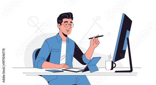 Graphic designer working on computer with tablet and stylus, modern office setup