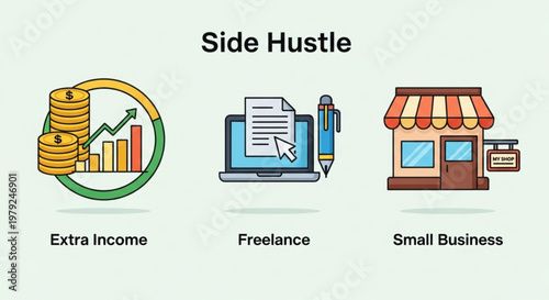 A colorful vector graphic illustration of side hustle concepts including extra income, freelance work, and small business ideas.