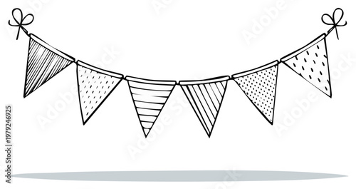 Hand drawn doodle bunting banner with patterned triangular flags illustration