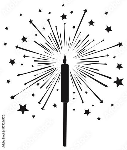 Festive Candle Sparkler Burst Silhouette with Stars for Celebration and Holiday Designs