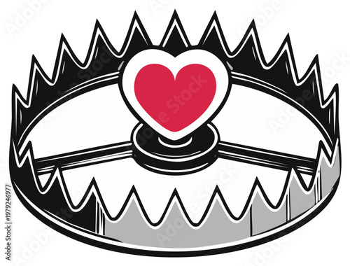 Heart shaped lure in a sharp toothed animal trap danger of love concept