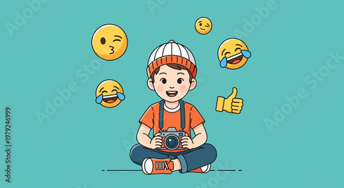 Happy Kid Photographer with Emojis and Camera, Vector Illustration