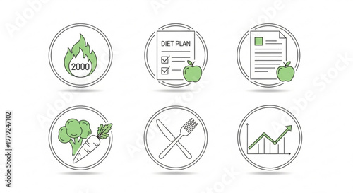 A set of six vector icons illustrating various aspects of healthy eating and diet planning