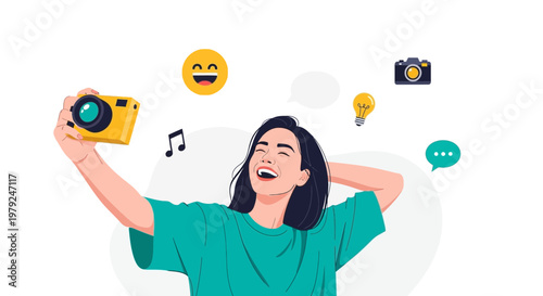 Happy Woman Taking Selfie with Camera, Emojis, Lightbulb, Music Notes, Chat Bubbles