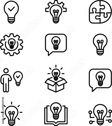Lightbulb idea icon set with creative thinking symbols for innovation brainstorming business concepts and problem solving