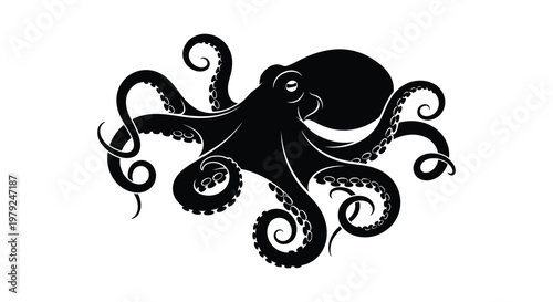 A striking black silhouette of an octopus with swirling tentacles and detailed suckers showcasing marine life art high quality professional modern