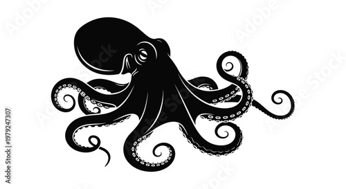 A striking black silhouette of an octopus with detailed tentacles and a bulbous head showcasing marine life silhouette high quality professional