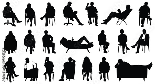 A collection of diverse people in relaxed poses depicted as black shapes against a white background silhouette high quality professional detailed