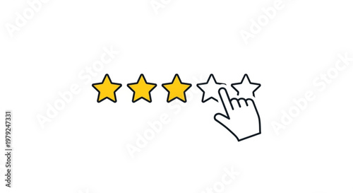 A hand cursor clicking on a star rating system with four yellow and one white star on a transparent background