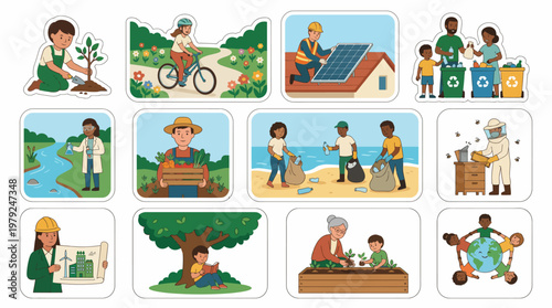 Diverse group of people engaging in various environmental conservation and sustainable living activities.