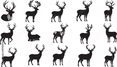 Collection of deer silhouettes in various poses and sizes