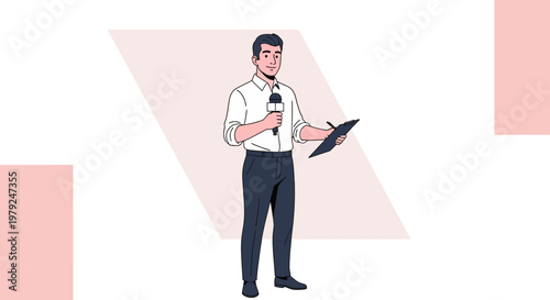 Journalist holding microphone and clipboard, reporting news, flat illustration