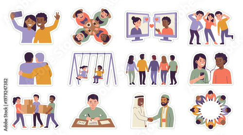 Diverse group of people interacting in various social settings showcasing friendship and community.