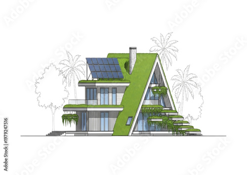 Modern green roof house with solar panels and lush vegetation