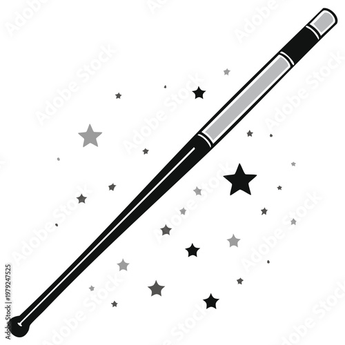 Simple Black and White Illustration of a Magic Wand with Stars