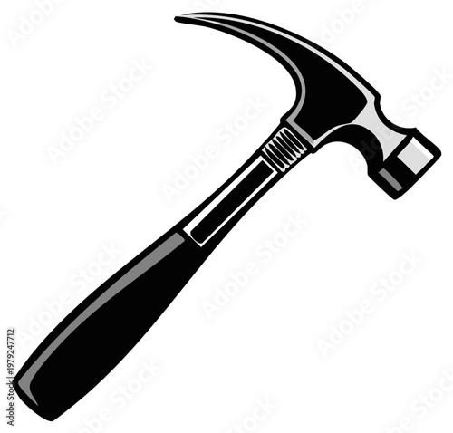 Black claw hammer with silver metal head and ribbed handle isolated on white