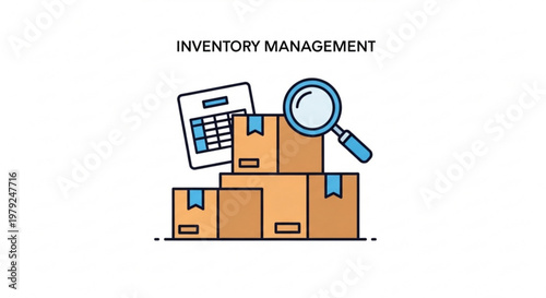 A vector graphic illustration of inventory management with boxes, calculator, and magnifying glass.