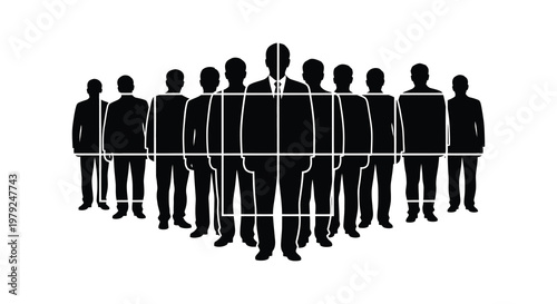 A group of formally dressed men stand in a row their forms depicted as a stark black silhouette high quality professional