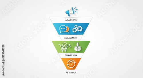 A colorful vector graphic illustrating a marketing funnel with awareness, engagement, conversion, and retention stages.