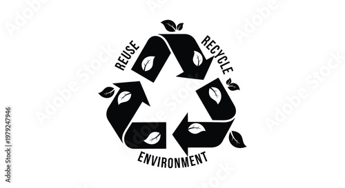 A black recycle symbol with arrows leaves and text promoting reuse and environmental awareness a striking silhouette high quality professional detailed