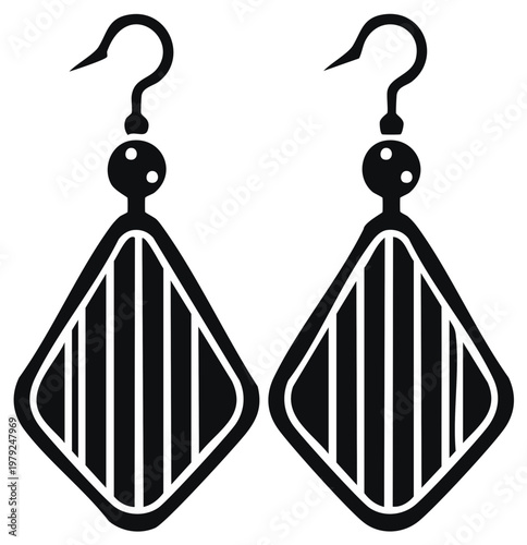Pair of Geometric Diamond Shaped Earrings with Vertical Stripes and Hooks