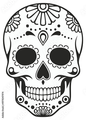 Ornate Black and White Sugar Skull Illustration for Dia de los Muertos Designs