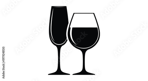 Two elegant wine glasses stand closely together showcasing their distinct shapes in a striking black silhouette high quality professional detailed modern