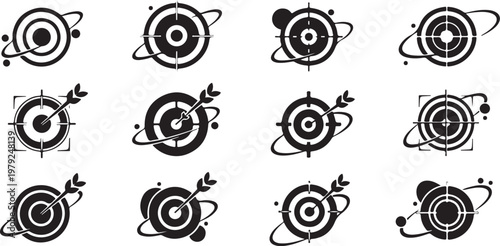 Collection of black and white archery target icons and symbols