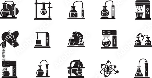 Science laboratory equipment and tools icons set in black