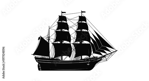 A striking black silhouette of a majestic sailing ship with detailed rigging and sails against a white background silhouette high quality