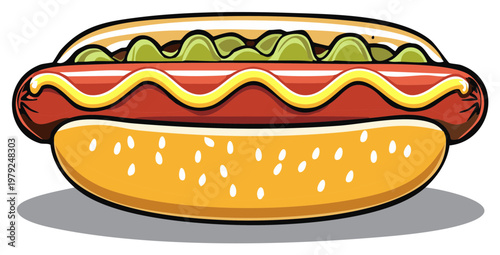 Hot Dog Vector Illustration with Mustard and Relish Toppings for Menu Graphics or Design Element