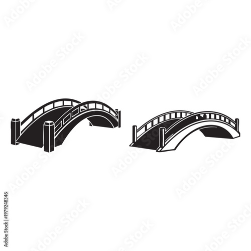 Pair of small arched bridges with railings isolated on white