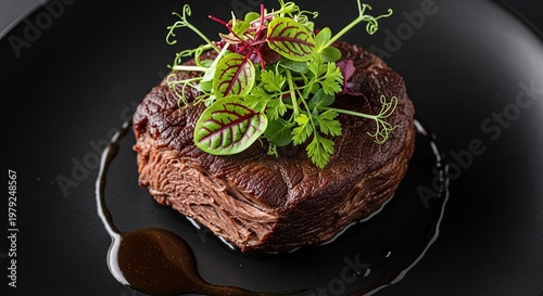 Gourmet Beef Steak with Microgreens Garnish.