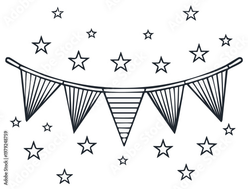 Outline illustration of a banner with bunting flags and scattered stars for celebrations.
