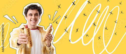 Young man with tasty hot do...