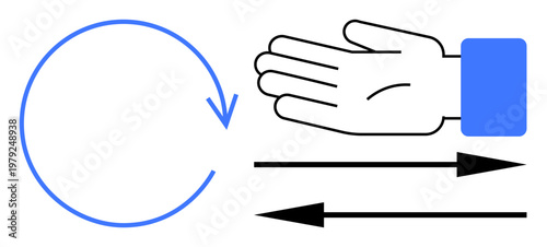 Workflow, process automation, direction, teamwork, efficiency, repetitive tasks. A circular arrow next to a hand with arrows indicating direction. Workflow and process automation concepts