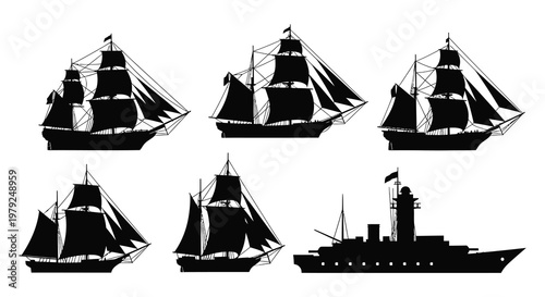 A collection of six detailed ship silhouettes including sailing vessels and a warship presented in black and white silhouette high quality