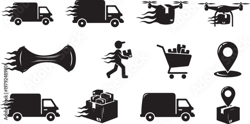 Logistics and delivery icons in black and white color scheme