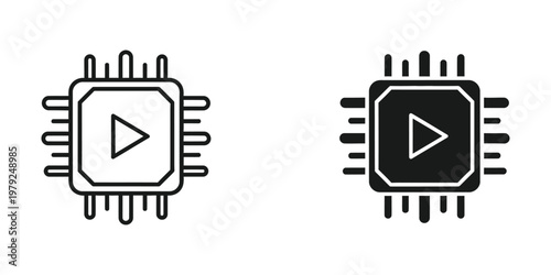 Contrast between active and inactive processor or media playback icons with circuit pins