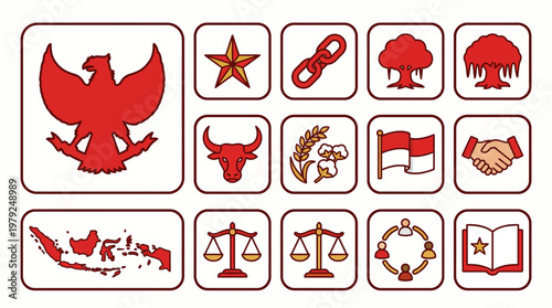 Indonesian National Symbols and Pancasila Ideology Icons Collection.