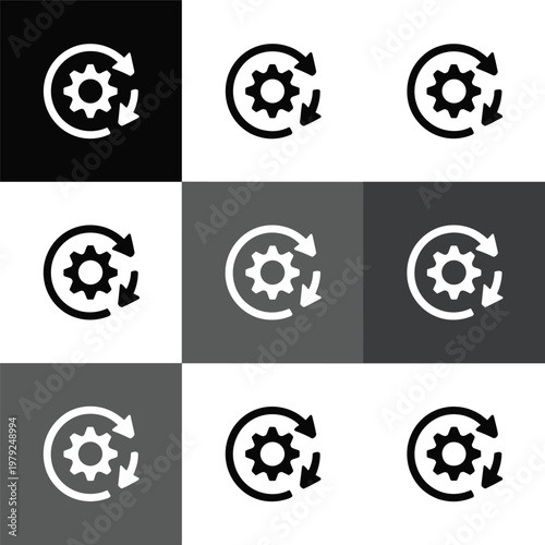 Process automation gear rotation icon set with circular arrows symbols for workflow system update and synchronization concepts